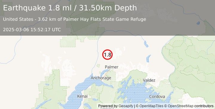 Earthquake 27 km ESE of Susitna North, Alaska (1.8 ml) (2025-03-06 15:52:17 UTC)