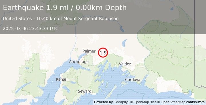 Earthquake 35 km SW of Glacier View, Alaska (1.9 ml) (2025-03-06 23:43:33 UTC)