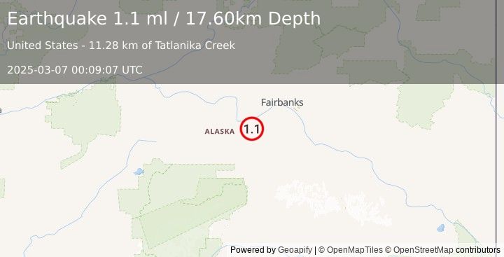 Earthquake 22 km ESE of Nenana, Alaska (1.1 ml) (2025-03-07 00:09:07 UTC)