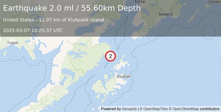 Earthquake 61 km NNW of Aleneva, Alaska (2.0 ml) (2025-03-07 10:25:37 UTC)