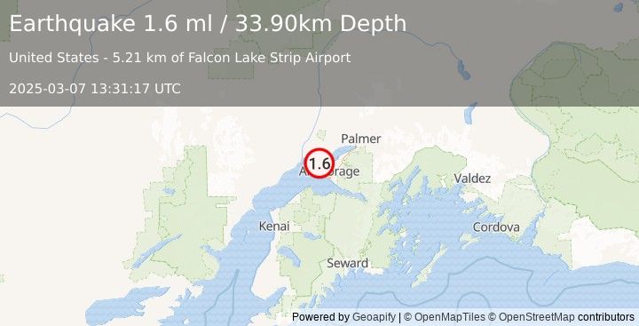 Earthquake 10 km SW of Point MacKenzie, Alaska (1.6 ml) (2025-03-07 13:31:17 UTC)