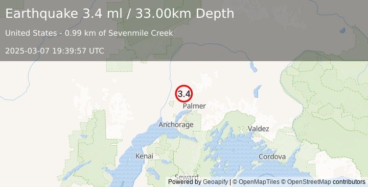 Earthquake 20 km NW of Fishhook, Alaska (3.4 ml) (2025-03-07 19:39:57 UTC)