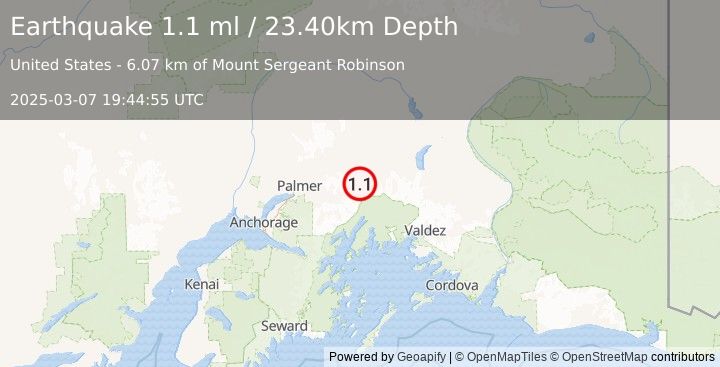 Earthquake 21 km SSW of Glacier View, Alaska (1.1 ml) (2025-03-07 19:44:55 UTC)