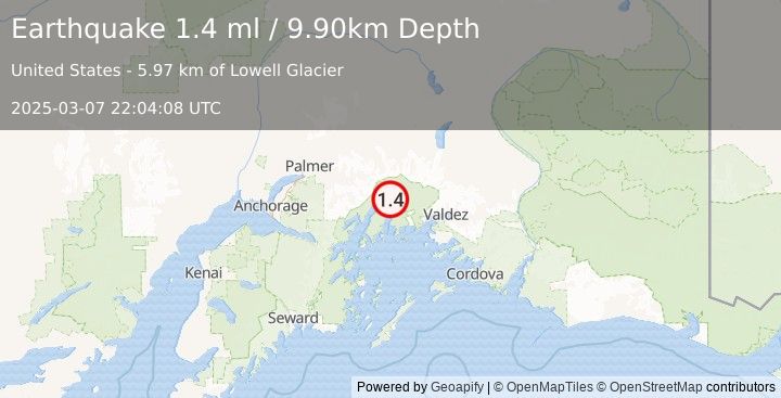 Earthquake 59 km S of Glacier View, Alaska (1.4 ml) (2025-03-07 22:04:08 UTC)