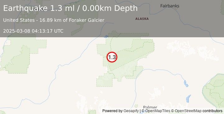 Earthquake 32 km S of Denali National Park, Alaska (1.3 ml) (2025-03-08 04:13:17 UTC)