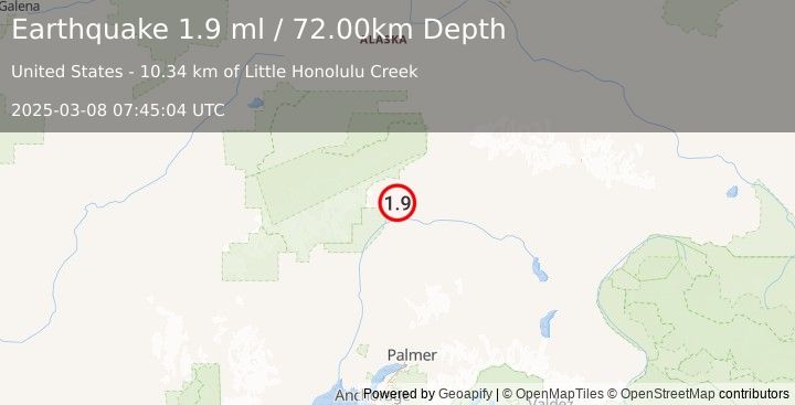 Earthquake 48 km SSW of Cantwell, Alaska (1.9 ml) (2025-03-08 07:45:04 UTC)