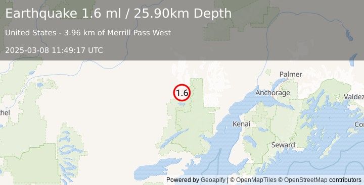 Earthquake 87 km E of Lime Village, Alaska (1.6 ml) (2025-03-08 11:49:17 UTC)