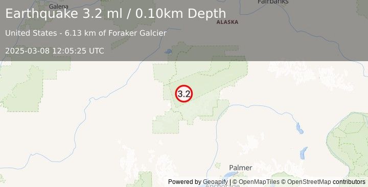 Earthquake 52 km S of Denali National Park, Alaska (3.2 ml) (2025-03-08 12:05:25 UTC)