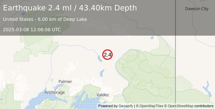 Earthquake 40 km NE of Lake Louise, Alaska (2.4 ml) (2025-03-08 12:06:06 UTC)