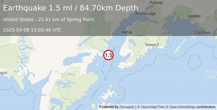 Earthquake 43 km W of Anchor Point, Alaska (1.5 ml) (2025-03-08 13:03:46 UTC)