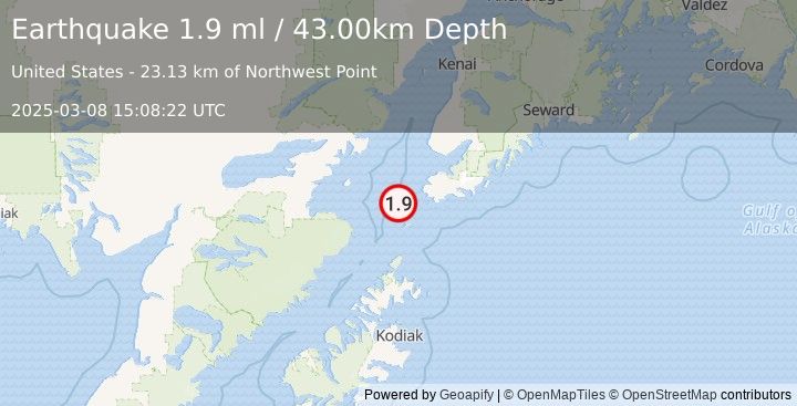 Earthquake 35 km SW of Nanwalek, Alaska (1.9 ml) (2025-03-08 15:08:22 UTC)