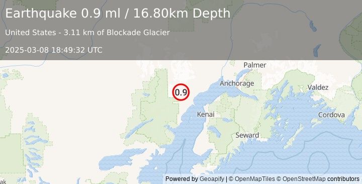 Earthquake 64 km W of Tyonek, Alaska (0.9 ml) (2025-03-08 18:49:32 UTC)