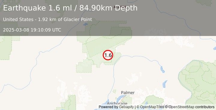 Earthquake 44 km NNE of Petersville, Alaska (1.6 ml) (2025-03-08 19:10:09 UTC)