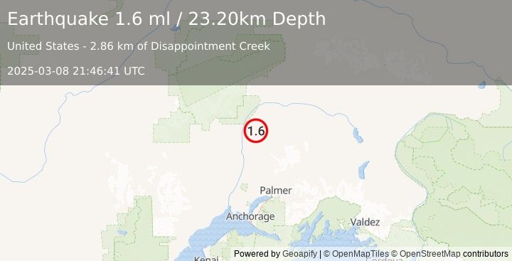 Earthquake 19 km E of Chase, Alaska (1.6 ml) (2025-03-08 21:46:41 UTC)