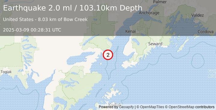 Earthquake 61 km W of Anchor Point, Alaska (2.0 ml) (2025-03-09 00:28:31 UTC)