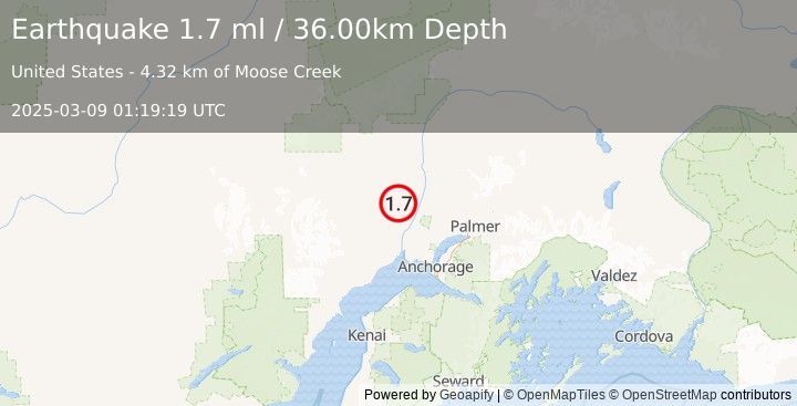 Earthquake 30 km NNW of Susitna, Alaska (1.7 ml) (2025-03-09 01:19:19 UTC)