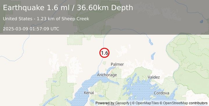 Earthquake 21 km SSW of Susitna North, Alaska (1.6 ml) (2025-03-09 01:57:09 UTC)