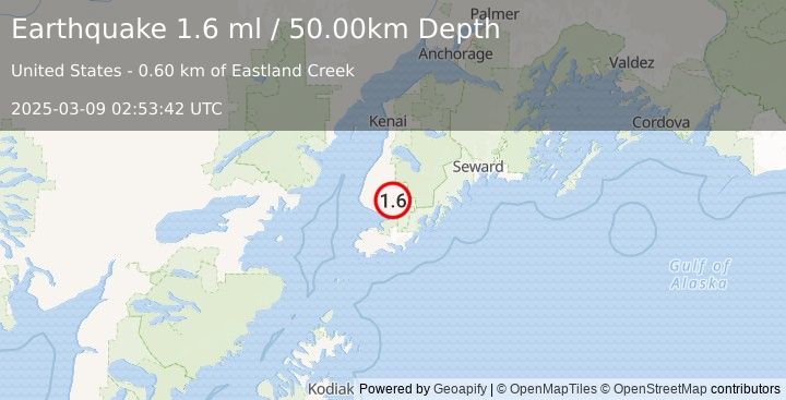 Earthquake 8 km ENE of Fritz Creek, Alaska (1.6 ml) (2025-03-09 02:53:42 UTC)