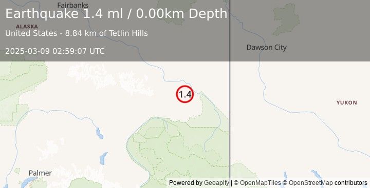 Earthquake 19 km S of Tok, Alaska (1.4 ml) (2025-03-09 02:59:07 UTC)