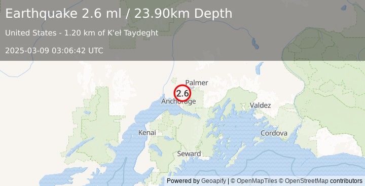 Earthquake 8 km S of Knik, Alaska (2.6 ml) (2025-03-09 03:06:42 UTC)