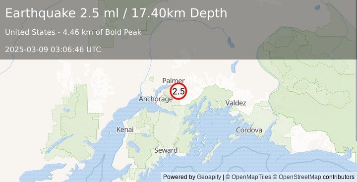 Earthquake 9 km S of Knik River, Alaska (2.5 ml) (2025-03-09 03:06:46 UTC)