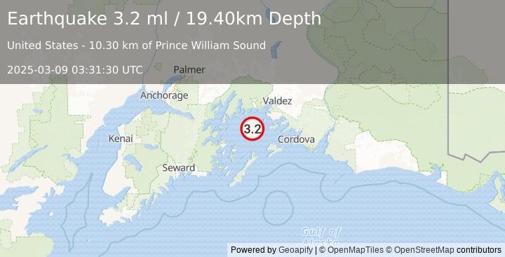 Earthquake 30 km SW of Tatitlek, Alaska (3.2 ml) (2025-03-09 03:31:30 UTC)