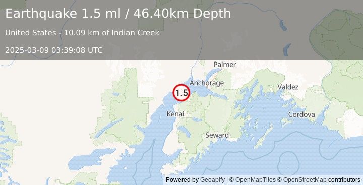 Earthquake 10 km SE of Tyonek, Alaska (1.5 ml) (2025-03-09 03:39:08 UTC)