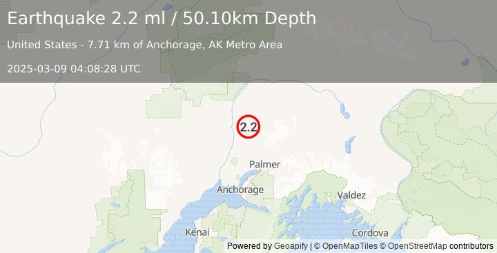 Earthquake 11 km E of Susitna North, Alaska (2.2 ml) (2025-03-09 04:08:28 UTC)