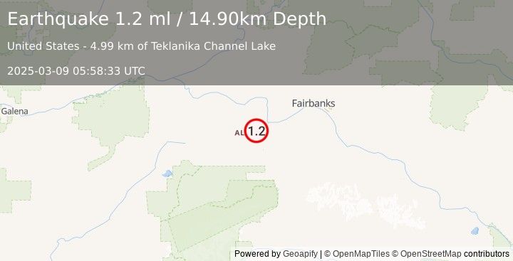 Earthquake 19 km NW of Anderson, Alaska (1.2 ml) (2025-03-09 05:58:33 UTC)