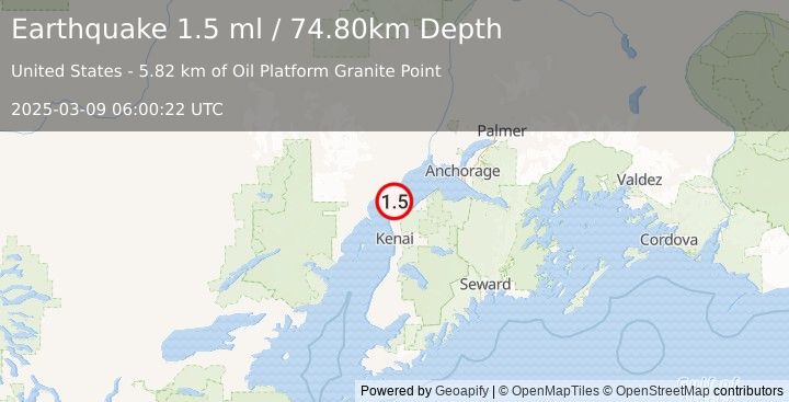 Earthquake 17 km SSW of Tyonek, Alaska (1.5 ml) (2025-03-09 06:00:22 UTC)