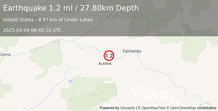 Earthquake 16 km NW of Four Mile Road, Alaska (1.2 ml) (2025-03-09 06:40:10 UTC)