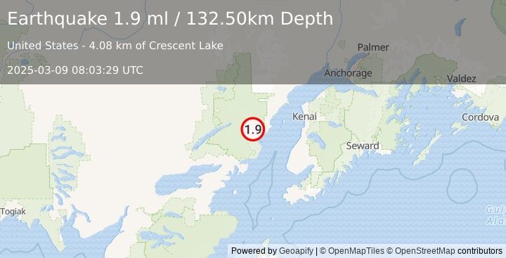 Earthquake 74 km WNW of Ninilchik, Alaska (1.9 ml) (2025-03-09 08:03:29 UTC)