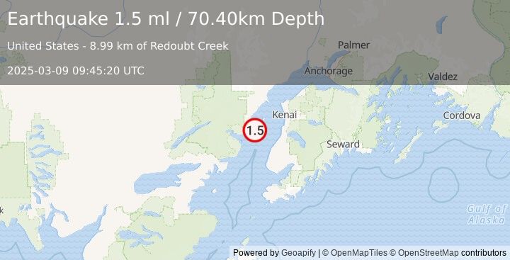 Earthquake 40 km NW of Ninilchik, Alaska (1.5 ml) (2025-03-09 09:45:20 UTC)