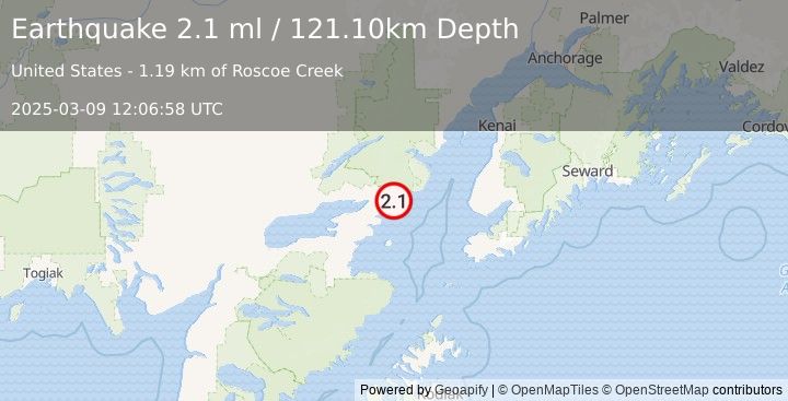 Earthquake 43 km E of Pedro Bay, Alaska (2.1 ml) (2025-03-09 12:06:58 UTC)