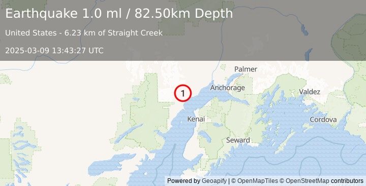 Earthquake 37 km W of Tyonek, Alaska (1.0 ml) (2025-03-09 13:43:27 UTC)