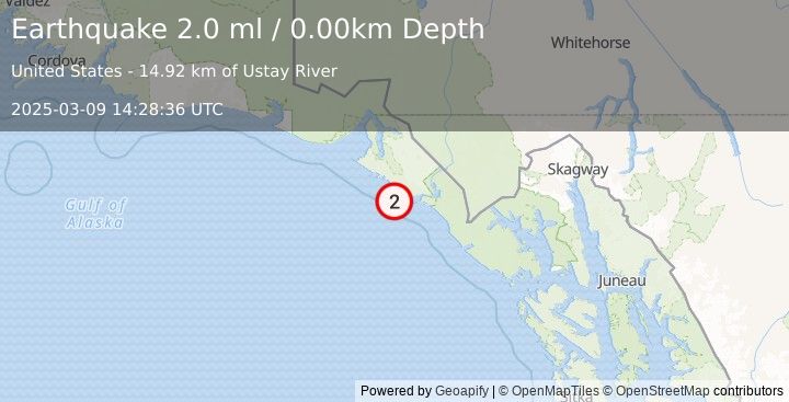 Earthquake 63 km SE of Yakutat, Alaska (2.0 ml) (2025-03-09 14:28:36 UTC)