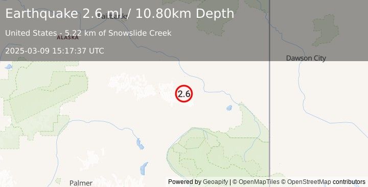 Earthquake 30 km S of Dry Creek, Alaska (2.6 ml) (2025-03-09 15:17:37 UTC)