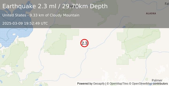 Earthquake 27 km NNE of Takotna, Alaska (2.3 ml) (2025-03-09 19:52:49 UTC)