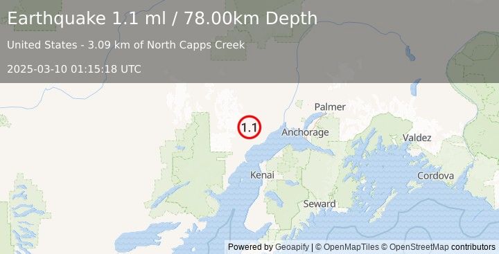 Earthquake 35 km WNW of Beluga, Alaska (1.1 ml) (2025-03-10 01:15:18 UTC)