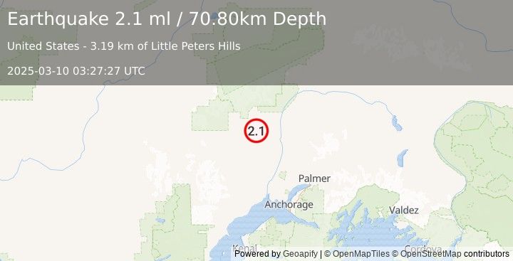 Earthquake 23 km SSW of Petersville, Alaska (2.1 ml) (2025-03-10 03:27:27 UTC)