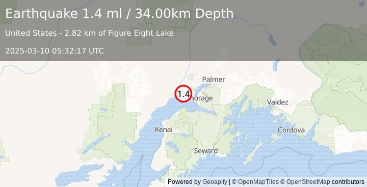 Earthquake 23 km WSW of Point MacKenzie, Alaska (1.4 ml) (2025-03-10 05:32:17 UTC)