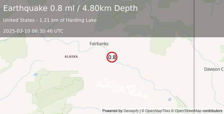 Earthquake 11 km WNW of Harding-Birch Lakes, Alaska (0.8 ml) (2025-03-10 06:30:46 UTC)