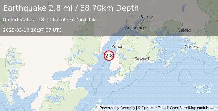 Earthquake 21 km NNW of Ninilchik, Alaska (2.8 ml) (2025-03-10 10:37:07 UTC)