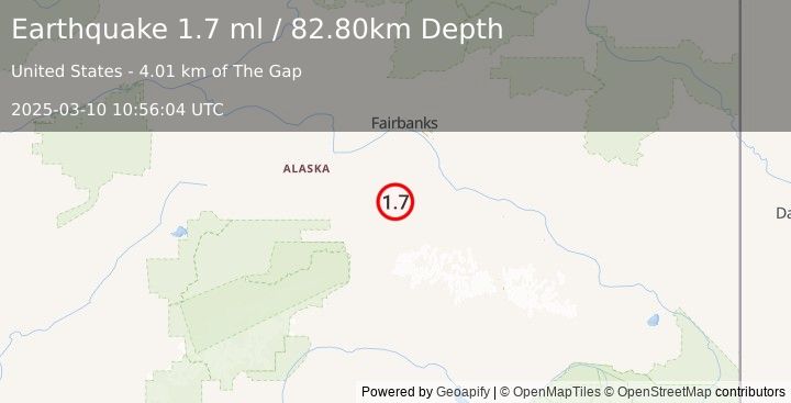 Earthquake 61 km ENE of Ferry, Alaska (1.7 ml) (2025-03-10 10:56:04 UTC)