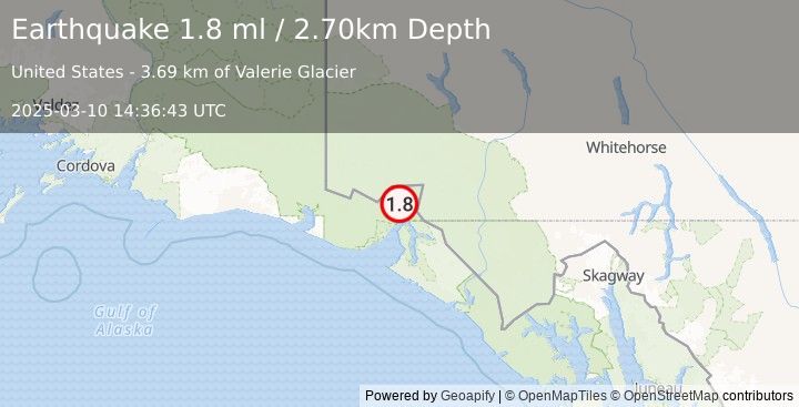 Earthquake 70 km N of Yakutat, Alaska (1.8 ml) (2025-03-10 14:36:43 UTC)