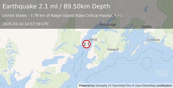 Earthquake 28 km WNW of Clam Gulch, Alaska (2.1 ml) (2025-03-10 14:57:59 UTC)