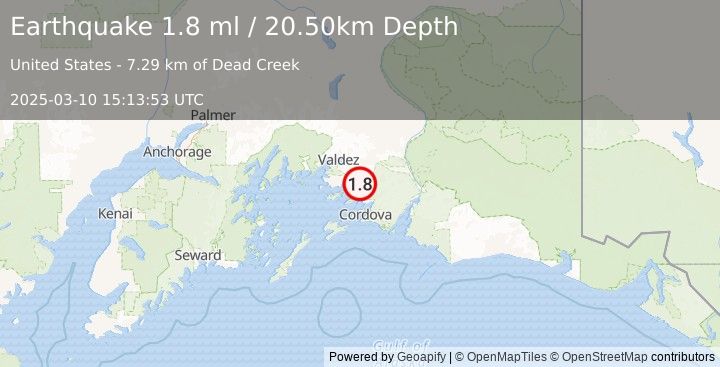 Earthquake 37 km N of Cordova, Alaska (1.8 ml) (2025-03-10 15:13:53 UTC)