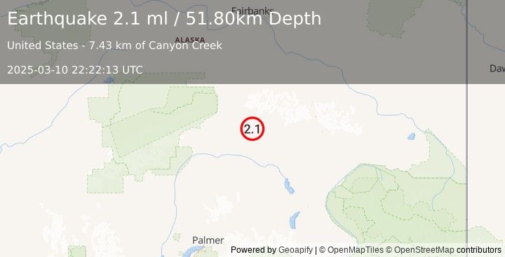 Earthquake 64 km ESE of Cantwell, Alaska (2.1 ml) (2025-03-10 22:22:13 UTC)