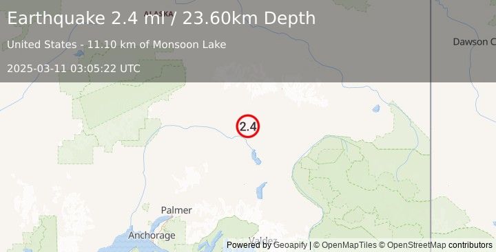 Earthquake 65 km NNW of Lake Louise, Alaska (2.4 ml) (2025-03-11 03:05:22 UTC)