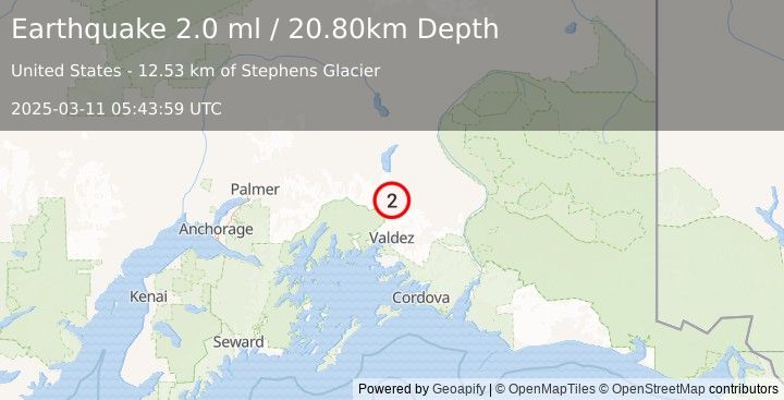 Earthquake 40 km N of Valdez, Alaska (2.0 ml) (2025-03-11 05:43:59 UTC)